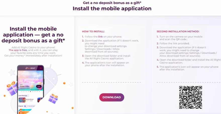 Allright Casino mobilní aplikace