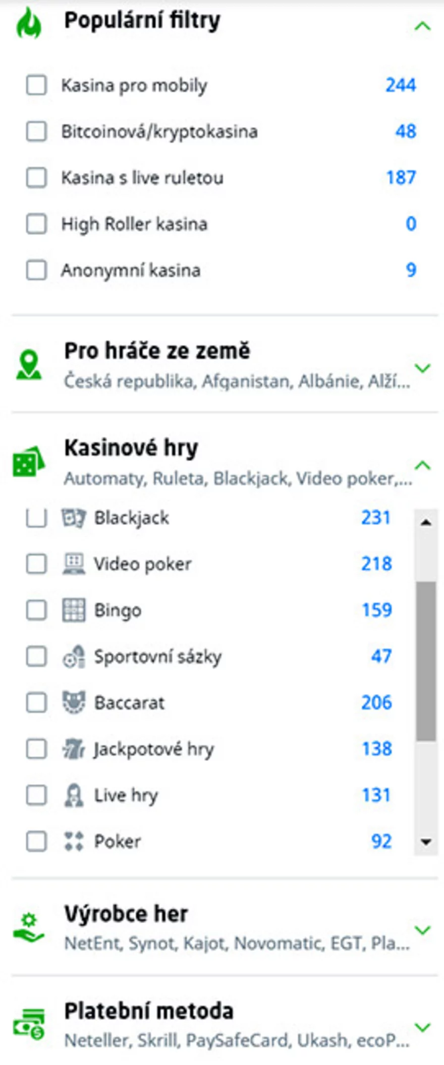 Pokročilé možnosti filtrování na Casino Guru