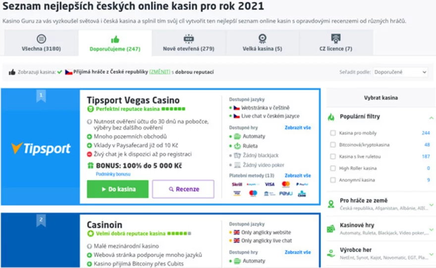Seznam online casin na Casino Guru