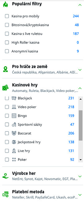 Pokročilé možnosti filtrování na Casino Guru