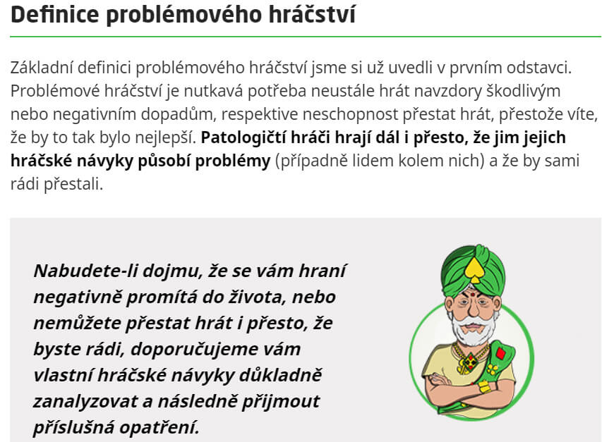 Sekce o zodpovědném hraní - ukázka obsah