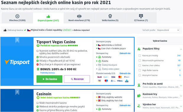 Seznam online casin na Casino Guru